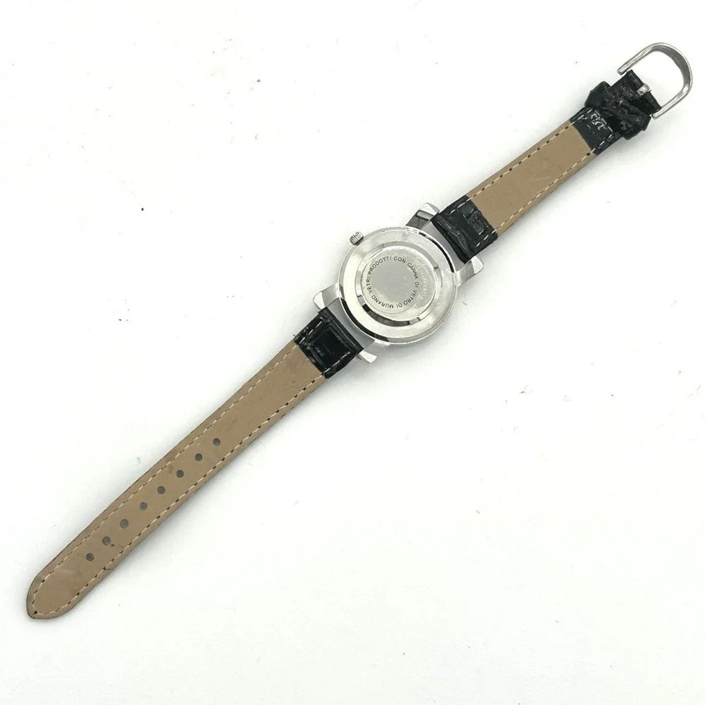 Y2K Venice Italian Novelty Floral Watch Silver Tone Metal Patent Black Womens